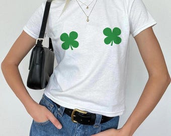 Two Lucky Four Leaf Clovers Cheeky St Patrick's Day y2k Baby Tee St. Patty's Day Womens Crop Top Trendy