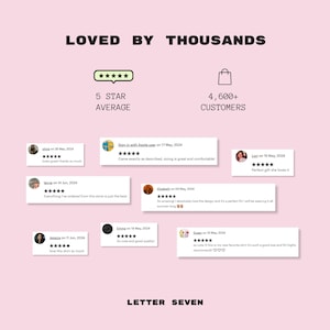 May include: A pink background with the text "LOVED BY THOUSANDS" and "LETTER SEVEN". The image includes a 5-star average rating, 4,600+ customers, and customer reviews with 5-star ratings.