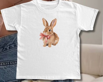 Camiseta de bebé con conejito y lazo rosa Camiseta de bebé Y2K con lazo rosa de conejo Camiseta estética vintage para mujer de moda