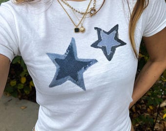 Blue Stars Graphic Baby Tee - 90s Style Cotton T-Shirt
