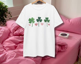 St Patrick's Day Womens Classic Tee Unisex Lucky Four Leaf Clover Shirt Irish Cropped Shirt Hand Painted Clovers Cute Shamrock Top