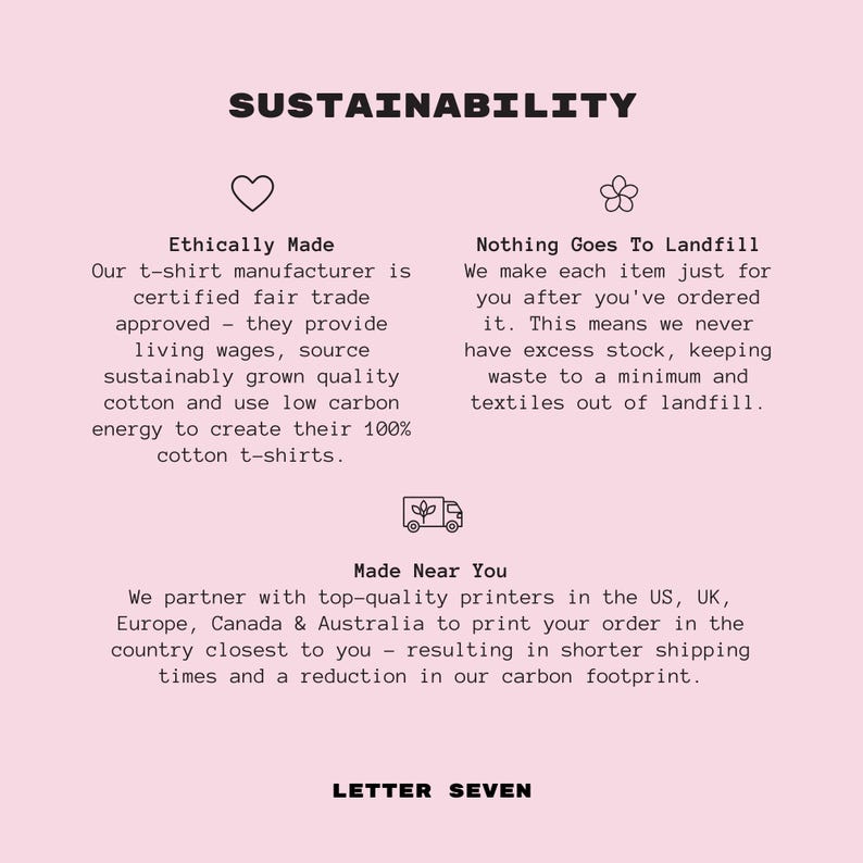 Pu&ograve; includere: Una grafica rosa e bianca con il testo "SUSTAINABILITY" in nero. La grafica descrive l'impegno dell'azienda per pratiche etiche e sostenibili, tra cui il commercio equo e solidale, l'energia a basse emissioni di carbonio e la minimizzazione degli sprechi. La grafica menziona anche che l'azienda collabora con stampatori negli Stati Uniti, nel Regno Unito, in Europa, in Canada e in Australia per stampare gli ordini nel paese pi&ugrave; vicino al cliente.