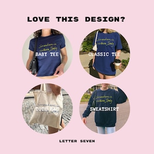 May include: Four different styles of navy blue apparel featuring the text "Somewhere in northern Italy" in yellow and white lettering. The apparel includes a baby tee, a classic tee, a tote bag, and a sweatshirt.