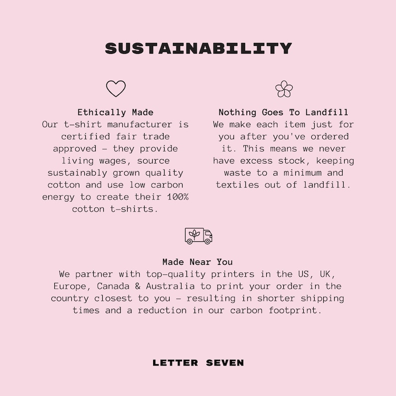 May include: A pink graphic with the word "SUSTAINABILITY" at the top. The text describes ethical manufacturing practices, including fair trade, living wages, and sustainable cotton. It also mentions made-to-order production and local printing.
