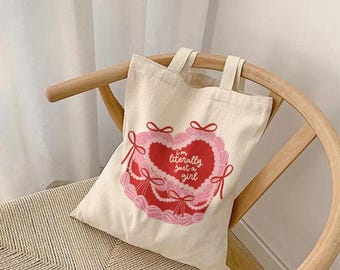 I'm Literally Just a Girl Tote Bag, Funny Cake Coquette Girly Valentines Day Gift for Girlfriend, Hand Painted Style, Red Pink