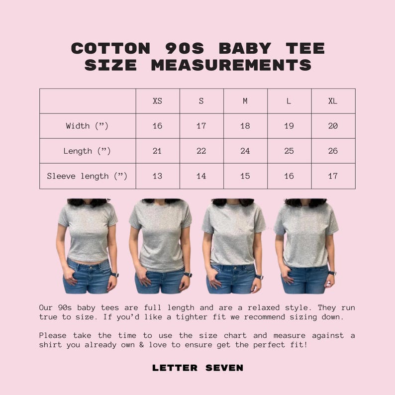 K&ouml;nnte beinhalten: Gr&ouml;&szlig;entabelle f&uuml;r ein Baby-T-Shirt im 90er-Jahre-Stil in verschiedenen Gr&ouml;&szlig;en, darunter XS, S, M, L und XL. Die Tabelle zeigt die Breite, L&auml;nge und &Auml;rmell&auml;nge in Zoll f&uuml;r jede Gr&ouml;&szlig;e.