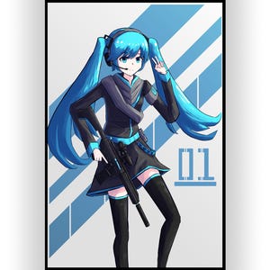 May include: A digital illustration of a female anime character with blue hair and a black outfit holding a rifle. The background is a blue and white striped pattern with the number "01" in white.