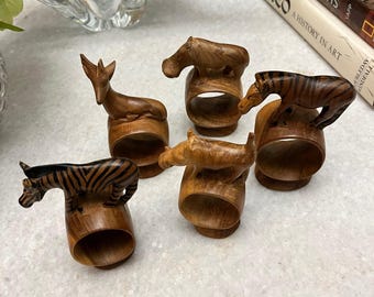 vintage hand-carved mahogany wooden African safari animals napkin rings set of 5