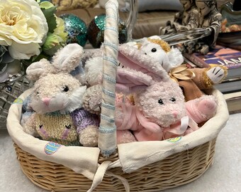 Vintage 1990s Chrisha Creations Lined Wicker Basket 7 Plush Easter Bunnies with Knit Tops