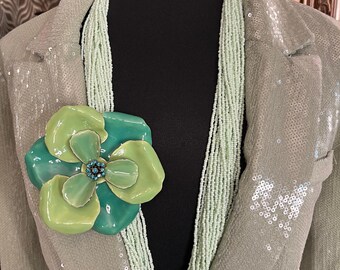 vintage 1960s green enamel petals brooch