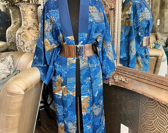 vintage Japanese blue silk blend bold golden eagle and dragon motif kimono