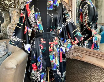 vintage black vibrant print of geisha girls and florals kimono