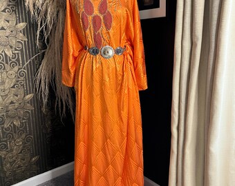 Africa orange gold beaded embellishments satin print caftan
