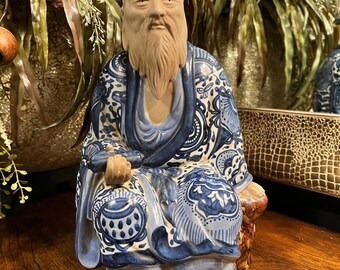 Vintage Japanese Kutani Jurojin Blue White man Statue Figure