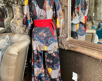 Bill Hallman ATL design vibrant Oriental phoenix print black jumpsuit