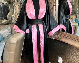 Rose brand reversible Asian-inspired silky pink satin robe