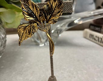 M.Jent signed vintage gold-tone leaf flower accented clear crystals brooch