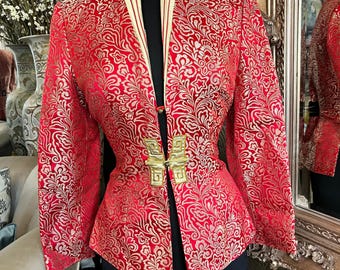 vintage Chinese vibrant red gold brocade floral pattern and structured frog closures jacket