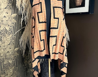sleeveless black brown geometric pattern fringe africa duster