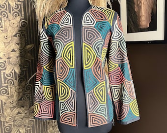 Vintage black embroidered colorful geometric pattern open jacket