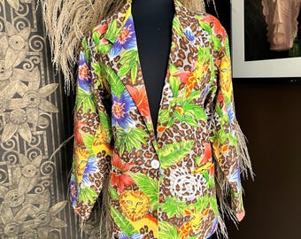 Vintage 80s Adolfo International colorful jungle-themed animal print jacket