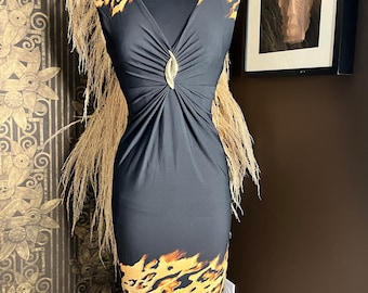vintage 90s Caché black leopard print pattern brooch center dress