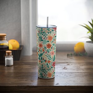 Floral Skinny Steel Tumbler with Straw, 20oz