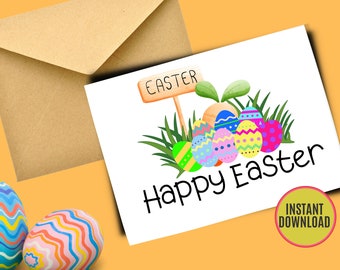 Happy Easter Card afdrukbaar, paaseieren en wortelkaart, kaart voor familie, digitale wenskaart, downloadbare kaart, voor vriend, voor student