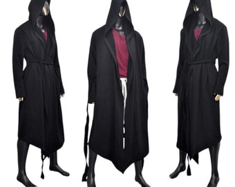 Cárdigan/chal con cinturón y capucha largo drapeado para hombre, vestido tipo sarouel plisado, ropa de invierno, regalo, diseño de personajes, gótico oscuro, tallas XS a 8XL, BB125