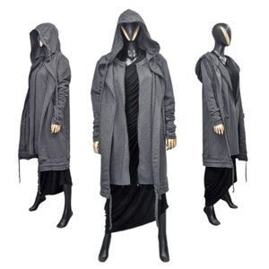 XS - 8XL Oversized Hood Asymmetric Raw Cut Overlong Double Look Long Sleeve Hoodie, DOUBLE Full Zip LAYERED Top, Techno , Goth ,Black -BB123