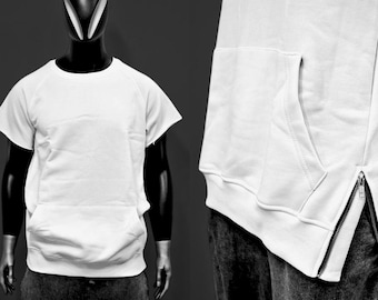 Sudadera blanca de manga corta con cremalleras laterales para hombre - Jersey minimalista de estilo urbano, top de moda vanguardista con bolsillo para gimnasio - BB003