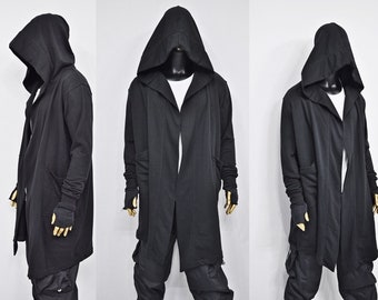 XS-8XL Cardigan ample oversize noir avec capuche, cape coupe-vent avec poches latérales, manteau cape cyberpunk techwear, caillot futuriste - BB159