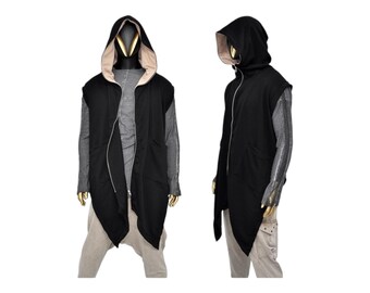 XS - 8XL Unisex Sleeveless Hooded Cardigan Black,Cozy Waistcoat Sweater,Long Loose Soft, Japanese Oversized Shawl,Asymmetrical Vest-BB165