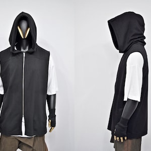 XS-8XL Men&#39;s Sleeveless Oversize Hooded Waistcoat Sweater,Functional Training Tactical Asymmetric Tiered Hem Raw Edges Jumper Vest - BB454