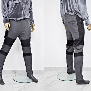 XS - 8XL Men's Biker Drop Crotch Shadow Joggers-Black Panel Elastic Band Tapered Leg Trouser,Zip Pockets Relaxed Sweatpants,Streetwear-BB253