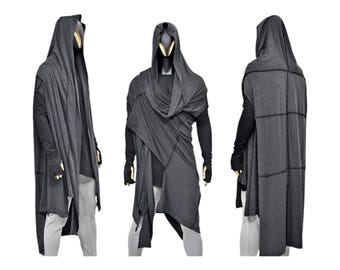 May include: A long, gray hooded cardigan with a draped design. The cardigan has a long, flowing silhouette and a relaxed fit.