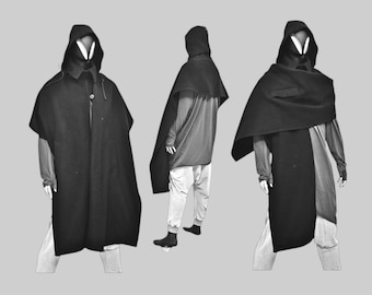 May include: Three black hooded cloaks with a long, flowing design. The cloaks are made of a soft, textured fabric and have a simple, elegant style.