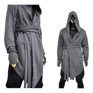 XS-8XL Men&#39;s Creed GiantHood Asymetric Cardigan JACKET Hoodie,Ashassin SteamPunk Thumb Hole,Kimono Futuristic-Apocalyp Dystopian wolf-BB0102