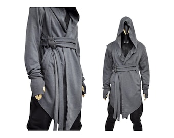 Men's Giant Hooded Cardigan, Asymmetric Steampunk Samurai  Ashassian Jacket