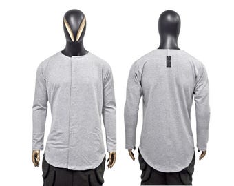 Camisa Henley asimétrica con botones, color gris jaspeado, manga larga, minimalista, unisex, dobladillo curvo, ropa de calle -BB429