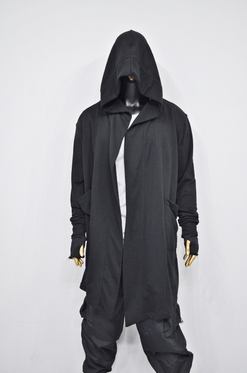 XS-8XL Cardigan ample oversize noir avec capuche, cape coupe-vent avec poches latérales, manteau cape cyberpunk techwear, caillot futuriste BB159 image 4