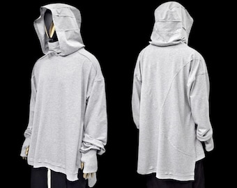 Men's Distressed Hooded Turtleneck Sweatshirt, Asymmetrical Cyber Goth Cardigan