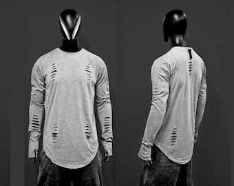 Camiseta gris desgastada para hombre - Manga larga rasgada con aberturas, estilo urbano