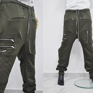 XS-8XL Men's Biker ZIP JOGGERS,Elastic Waist,Zip Leg Pockets,Diamond-Quilted Knee,Low Crotch Relaxed Sweatpant,Slim Tappered,Steampunk-BB290