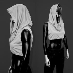 XS - 8XL Stone Hooded Viscose Crop Top Tshirt with Cowl Neck,Asymmetrical Neck Front Draped,Workout,Yoga,Dystopian,Avant Garde Tank-BB542
