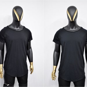 XS-8XL Men's Short Sleeve Scoop Raw Neck Curved Hem T-shirt , Asymmetric Tshirt, Streetwear Men Extended Loose Shirt- BB463