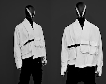 XS-8XL White Cotton Front Pockets Jacket Kimono Look, Tie-up, Ninja Assassin Jacket,Steampunk Gothic-Post Apocalyptic Dystopian-BB0173