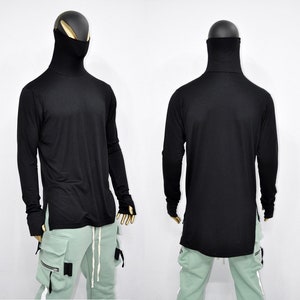 XS-8XL Men Black turtleneck sweater, Long Sleeve Rave Thumbhole Top Shirt Jumper with Scarf face mask pass by ear,gothic clothing BB507-E
