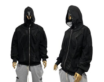 Chaqueta negra con capucha y cremallera para hombre: estilo cyberpunk, urbana y futurista, unisex.