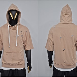 XS-8XL Herren Cyberpunk Ripped Raw Edge Kurzarm Oversize Kapuzenpullover Hoodie, fallende Schulter Boxyfit Pullover, Nackenabzeichen hinten - BB074
